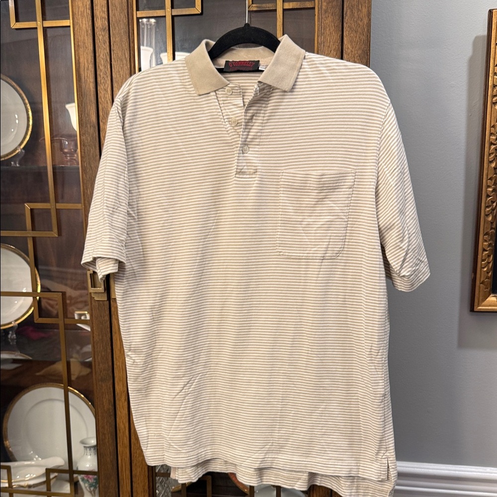 O’Connell’s Men's Striped Short-Sleeve Polo in Beige with Chest Pocket